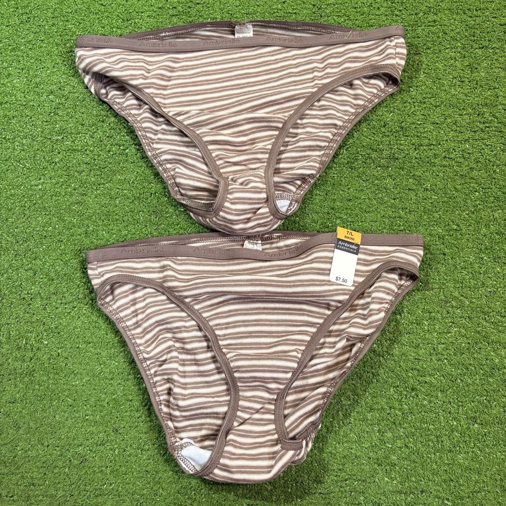 Ambrielle Women's Supersoft Bikini Brief Panty NWT Set Of 2 Stripped Brown L/7
